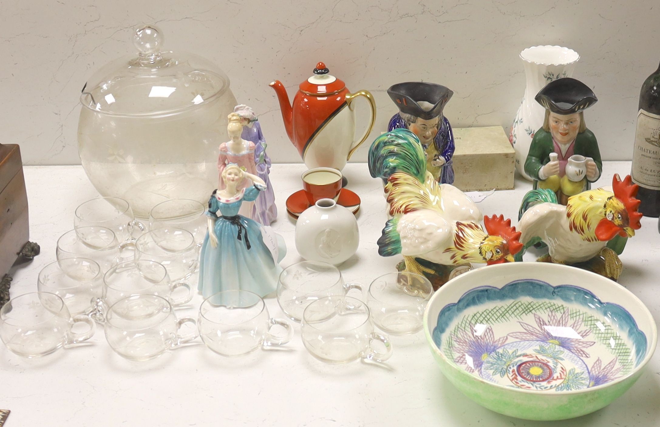 Three Royal Doulton figures, a pair of vintage Italian Art pottery cockerels and sundry china